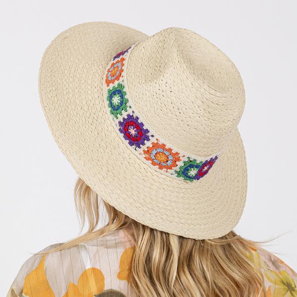 FLORAL CROCHET BAND STRAW HAT.