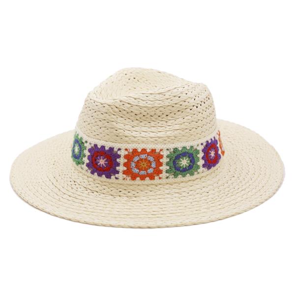 FLORAL CROCHET BAND STRAW HAT.