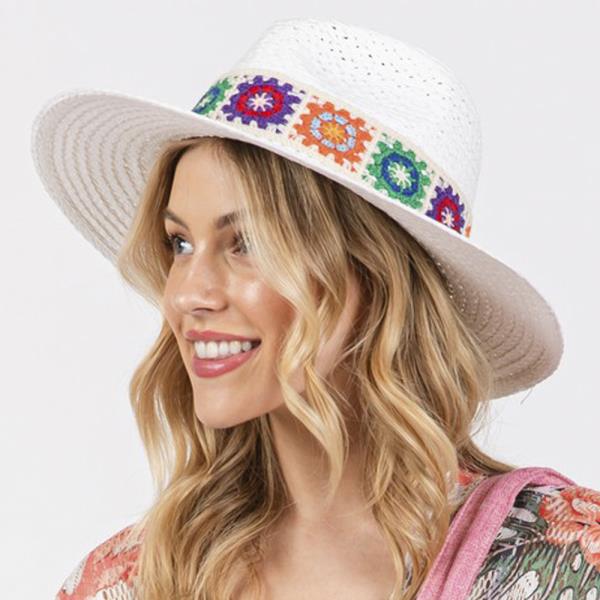 FLORAL CROCHET BAND STRAW HAT.