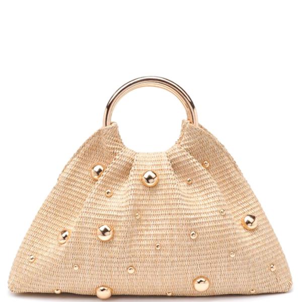 WOVEN STRAW STUD HARPER EVENING BAG