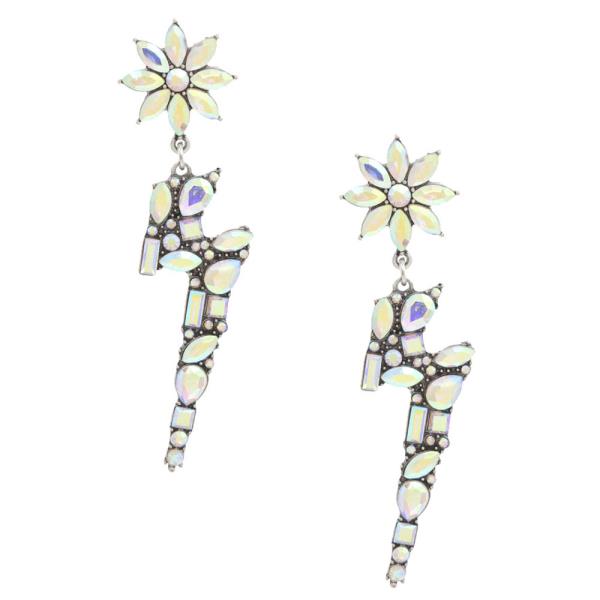 FLOWER RHINESTONE LIGHTNING BOLT EARRING