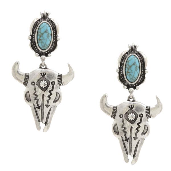 WESTERN TURQUOISE STONE CATTLE SKULL METAL DANGLE EARRING