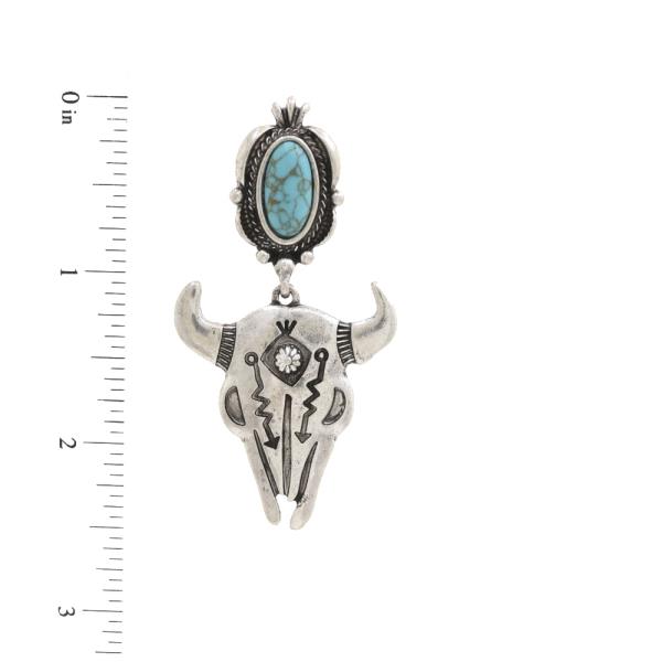 WESTERN TURQUOISE STONE CATTLE SKULL METAL DANGLE EARRING