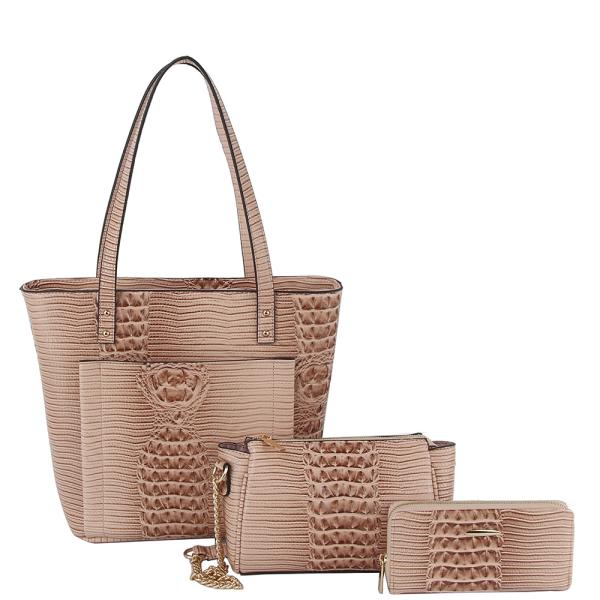 3IN1 CROC TEXTURED TOTE BAG W CROSSBODY AND WALLET SET