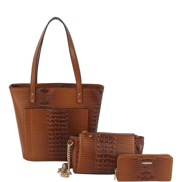3IN1 CROC TEXTURED TOTE BAG W CROSSBODY AND WALLET SET
