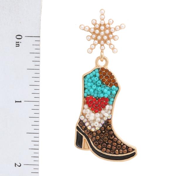 WESTERN SEED BEAD COWBOY BOOTS PEARL STAR POST EARRING