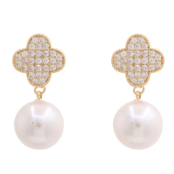 SODAJO GOLD DIPPED RHINESTONE CLOVER PEARL DANGLE EARRING