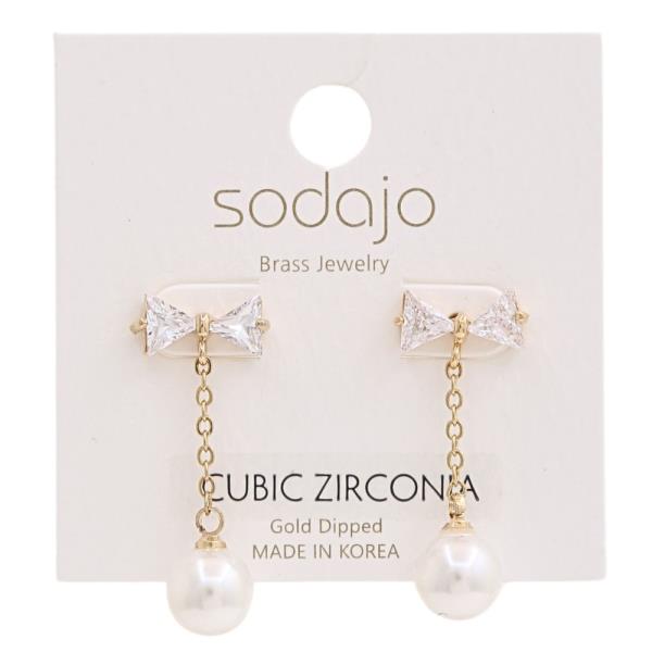 SODAJO BRASS GOLD DIPPED CZ RIBBON PEARL EARRING