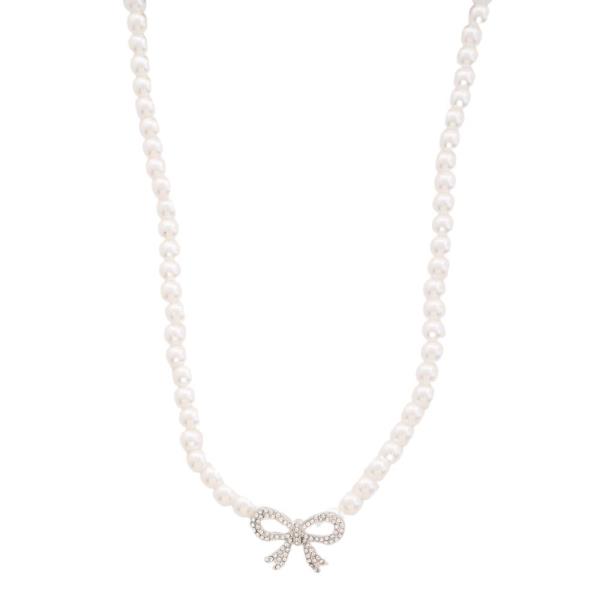 SDJ PEARL RHINESTONE RIBBON BOW PENDANT NECKLACE