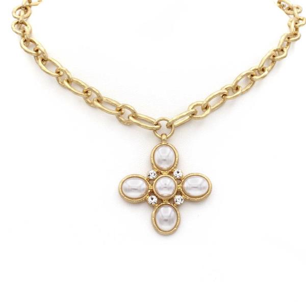 METAL PEARL CROSS PENDANT NECKLACE