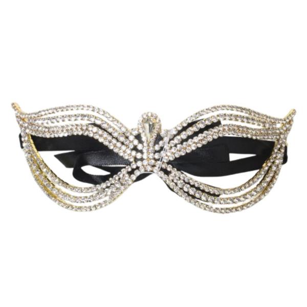 RHINESTONE MASQUERADE MASK WITH BLACK TIE RIBBON