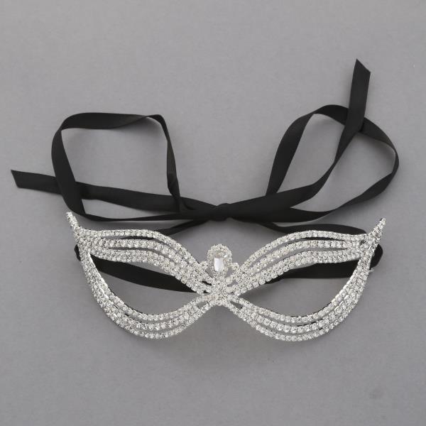 RHINESTONE MASQUERADE MASK WITH BLACK TIE RIBBON