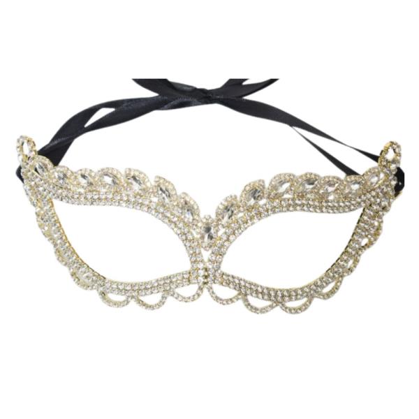 RHINESTONE MASQUERADE MASK WITH BLACK TIE RIBBON