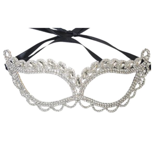 RHINESTONE MASQUERADE MASK WITH BLACK TIE RIBBON