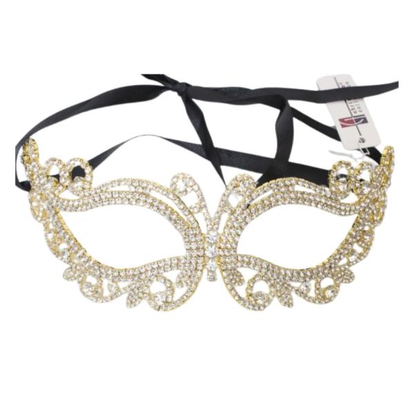 RHINESTONE MASQUERADE MASK WITH BLACK TIE RIBBON