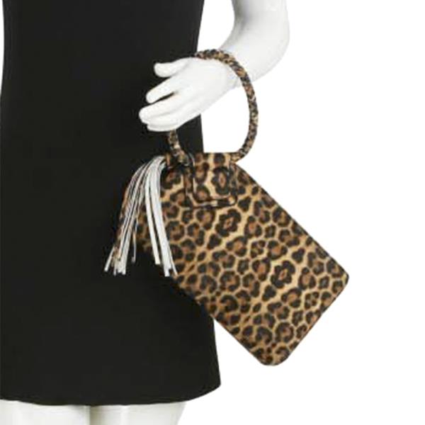 LEOPARD CUFF HANDLE TASSEL CLUTCH BAG