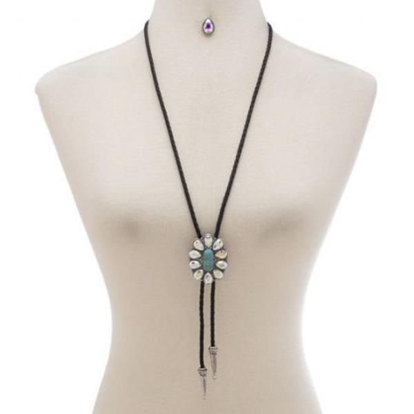 WESTERN STYLE FLOWER TQ STONE LONG ADJUSTABLE NECKLACE EARRING SET