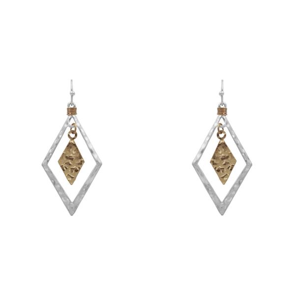 2 TONE METAL RHOMBUS DANGLE EARRING