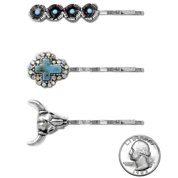 WESTERN HAND W/RHINESTONE 3-IN-1 HAIR PIN SET