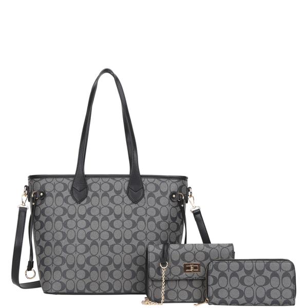 3IN1 OVAL PATTERN PRINT SHOULDER TOTE BAG W CROSSBODY AND WALLET SET