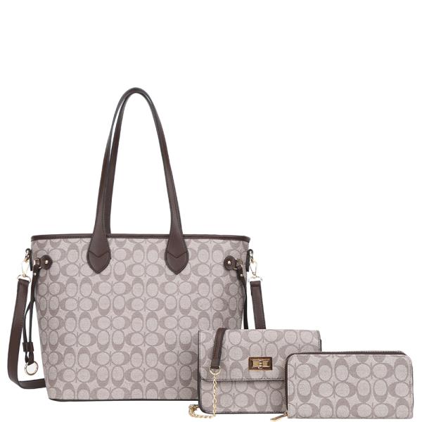 3IN1 OVAL PATTERN PRINT SHOULDER TOTE BAG W CROSSBODY AND WALLET SET