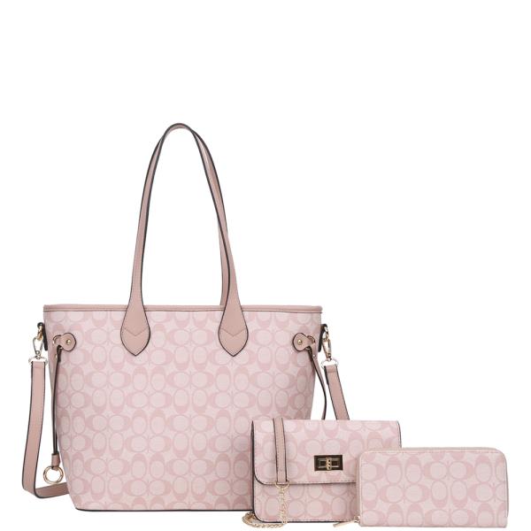 3IN1 OVAL PATTERN PRINT SHOULDER TOTE BAG W CROSSBODY AND WALLET SET