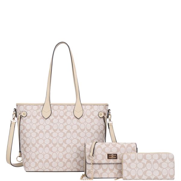 3IN1 OVAL PATTERN PRINT SHOULDER TOTE BAG W CROSSBODY AND WALLET SET