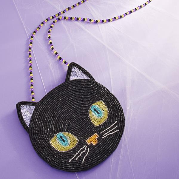 HALLOWEEN BLACK CAT  SHAPED HAND CRAFTED BEADED KIDS CROSSBODY BAG