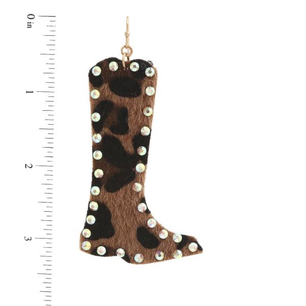 WESTERN BOOT ANIMAL PRINT RHINESTONE DANGLE EARRING