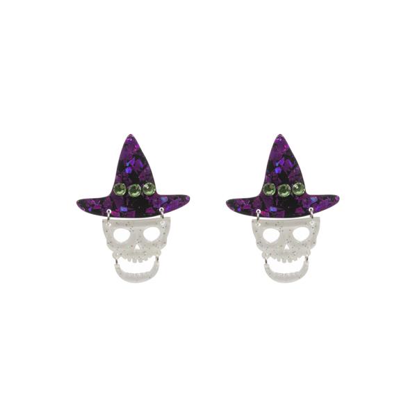 HALLOWEEN SKULL SHAPED ACETATE W/ WITCH`S HAT HYPOALLERGENIC EARRING