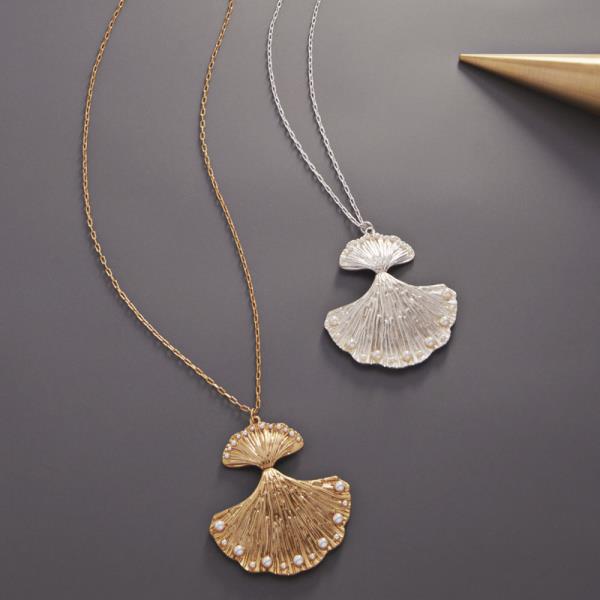 FLOWER SHAPED LEAF WITH MINI PEARL BEAD PAVED LONG NECKLACE