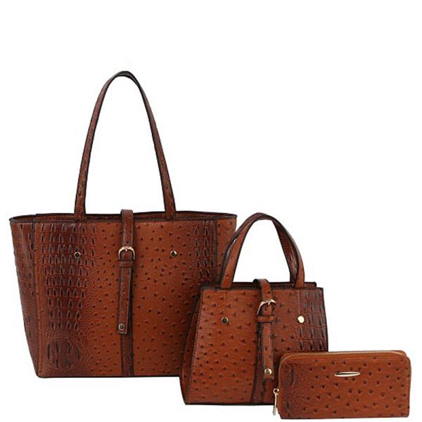 3IN1 OSTRICH BUCKLE TOTE W HANDLE BAG AND WALLET SET