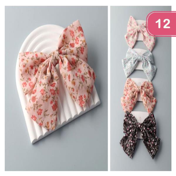 FLORAL CHIFFON BOW HAIR PINS (12 UNITS)