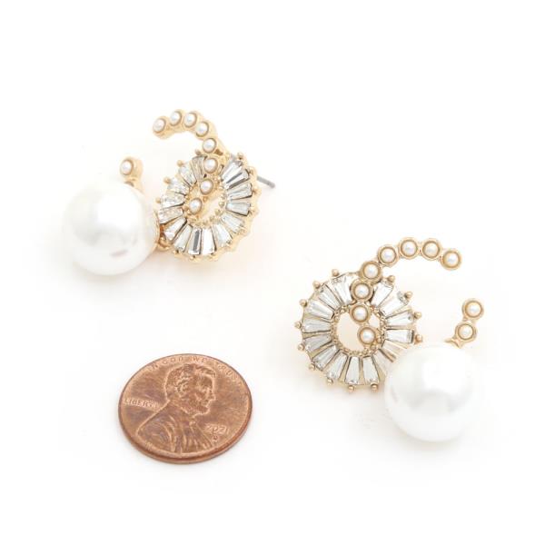 OPEN CIRCLE ROUND RHINESTONE PEARL BEAD EARRING