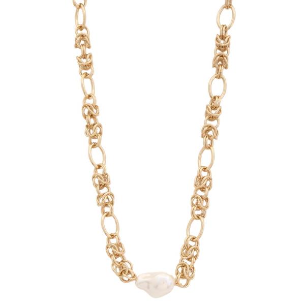 PEARL BEAD OVAL LINK METAL NECKLACE
