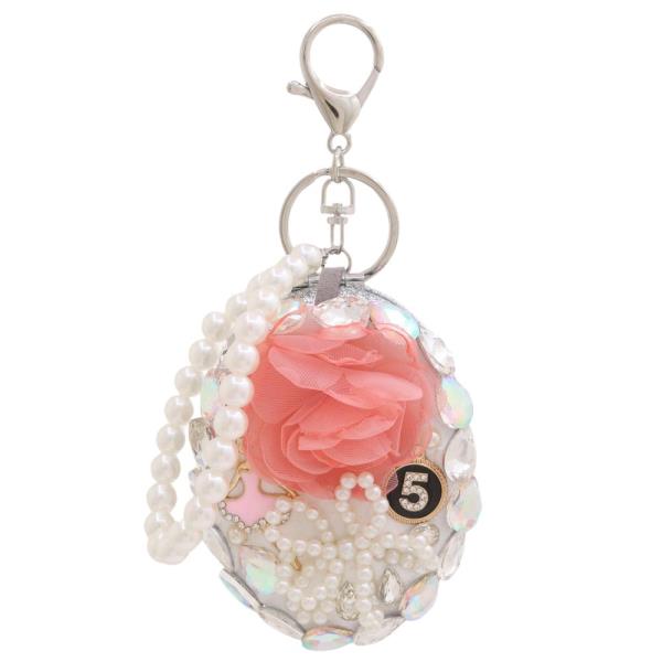 OVAL FLOWER RHINESTONE PEARL BEAD MIRROR KEYCHAIN