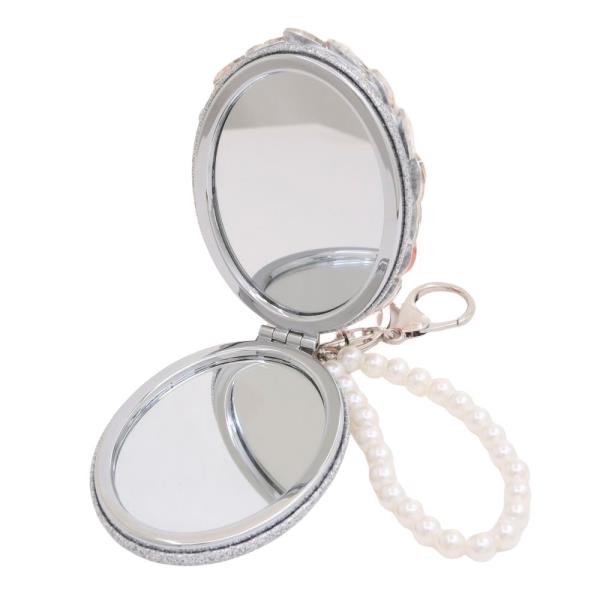 OVAL FLOWER RHINESTONE PEARL BEAD MIRROR KEYCHAIN