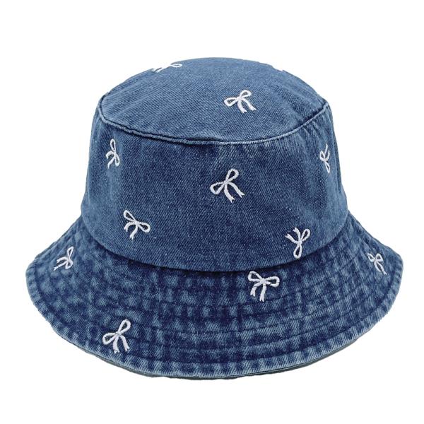 EMBROIDERED BOW DENIM BUCKET HAT