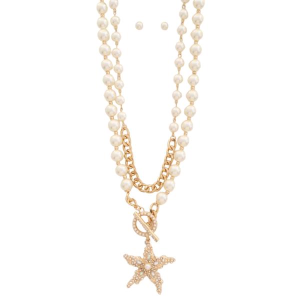 STAR PENDANT PEARL BEAD TOGGLE CLASP LAYERED NECKLACE