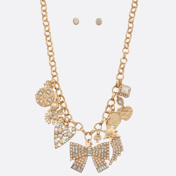 RHINESTONE BOW HEART CHARM NECKLACE