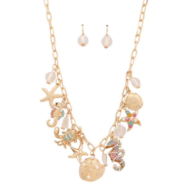 SEA LIFE CHARM RHINESTONE BEADED NECKLACE