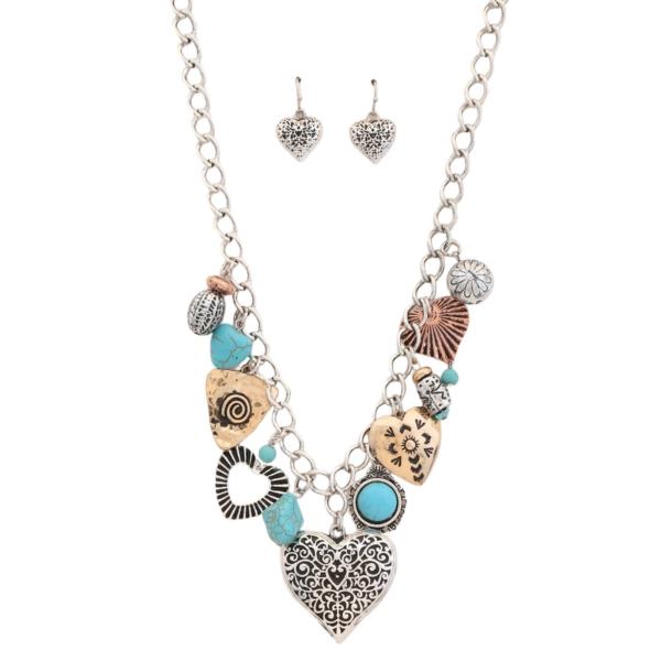 FILIGREE HEART CHARM TURQUOISE BEAD NECKLACE