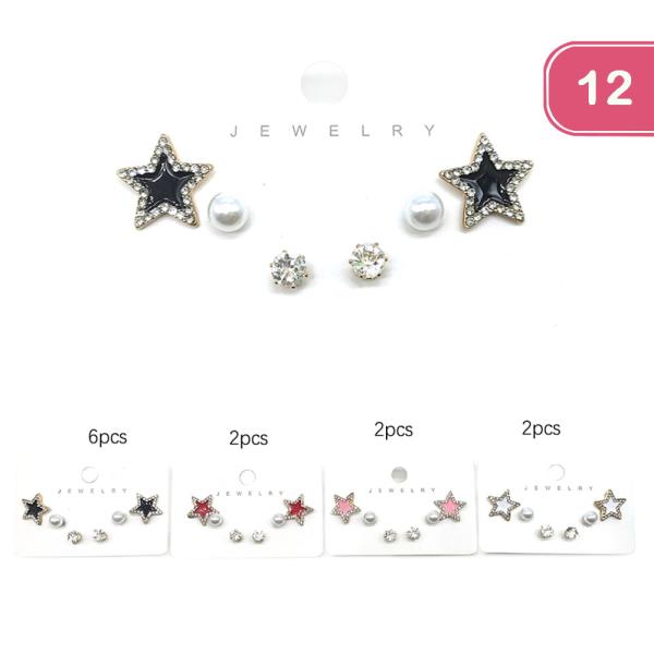 RHINESTONE STAR PEARL STUD EARRING SET (12 UNITS)