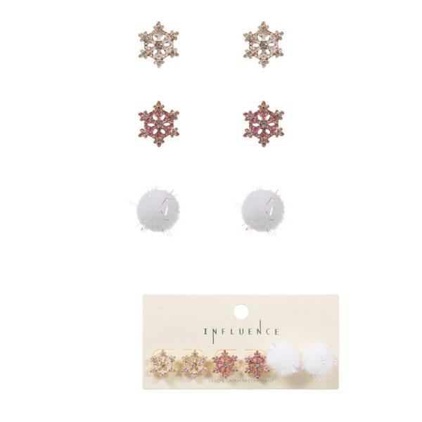 SNOWFLAKE SHAPED ENAMEL METALLIC POM POM EARRING