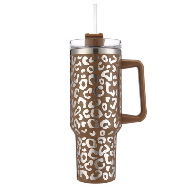 CHEETAH ANIMAL METALLIC PRINT 40 OZ CUP TUMBLER WITH HANDLE STRAW