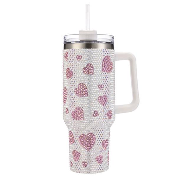 HEARTS RHINESTONE BLING 40 OZ CUP TUMBLER WITH HANDLE STRAW