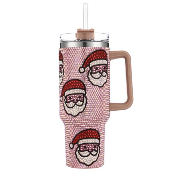 CHRISTMAS SANTA RHINESTONE BLING 40 OZ CUP TUMBLER WITH HANDLE STRAW