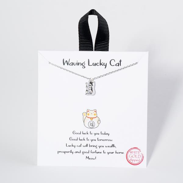 18K GOLD RHODIUM WAVING LUCKY CAT NECKLACE