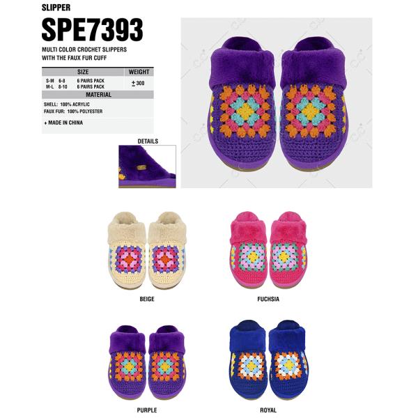 CC MULTI COLOR CROCHET SLIPPERS WITH THE FAUX FUR CUFF - SM SIZE