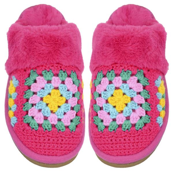 CC MULTI COLOR CROCHET SLIPPERS WITH THE FAUX FUR CUFF - SM SIZE